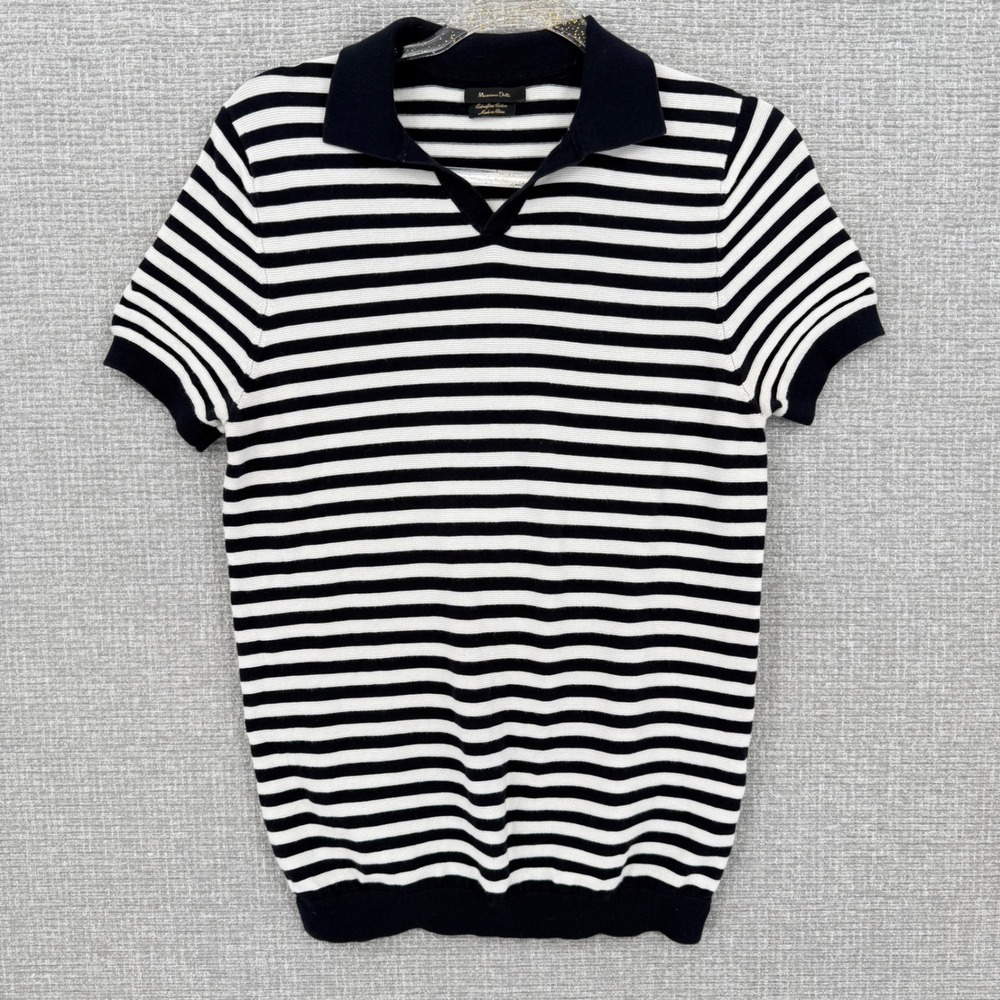 Massimo Dutti Striped Polo Shirt Women S Black White Cotton Knit Preppy Academia
